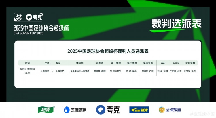  超級杯海港vs申花裁判員名單：主裁判唐順齊，VAR劉威
