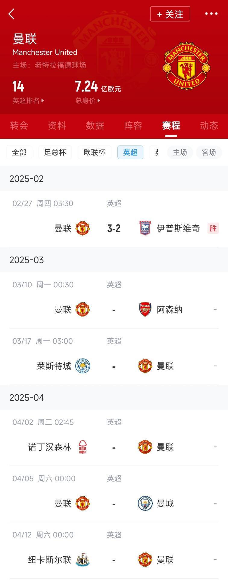  藍狐救一下？曼聯(lián)未來5輪將遭遇英超2/3/4/6名：槍手森林曼城紐卡