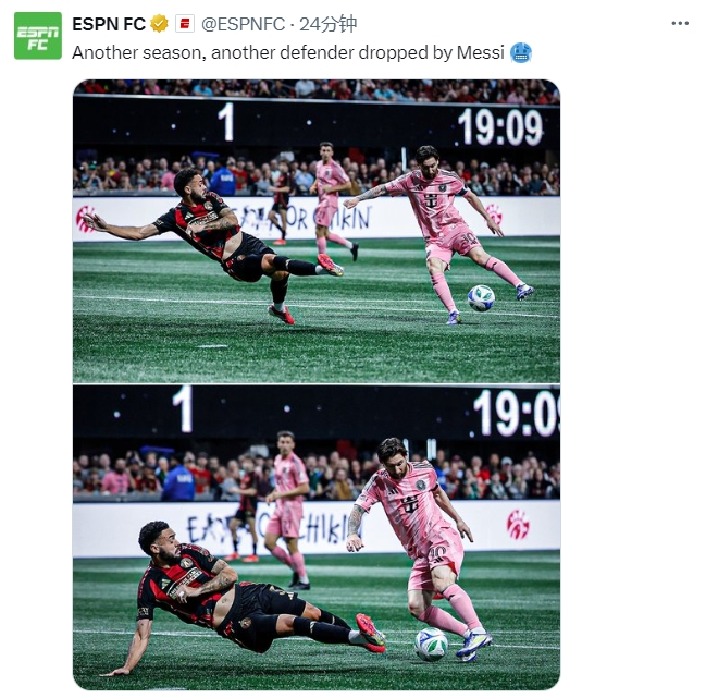  名場(chǎng)面記錄！ESPN曬照：又一個(gè)賽季，又一名后衛(wèi)被梅西扣倒